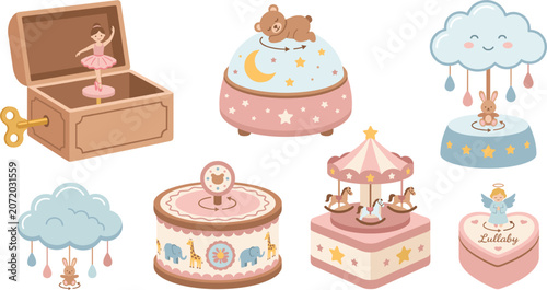 Bild auf Leinwand Cute vintage baby music box collection with ballerina and carousel, nursery lull