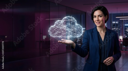 Cloud computing technology concept with businesswoman, digital network cloud hologram over hand, futuristic data storage and connectivity in office