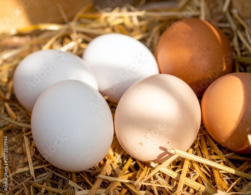 Fresh Chicken Eggs Collected on Rural Farm with Straw Background
