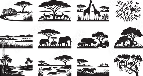Photography African Safari Animals and Savannah Wilderness Silhouette Vector Set
