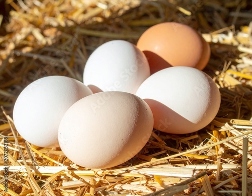 Fresh Chicken Eggs Collected on Rural Farm with Straw Background