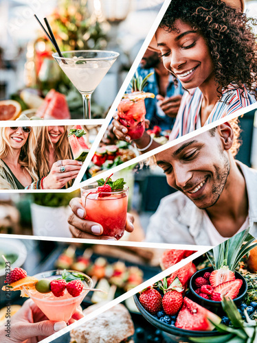 montage of young people enjoying long summer drinks and colourful summer cocktail relaxing in the sun in a grid formation separated by a white key line creating a dynamic layout