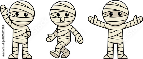 Schilderij op canvas Cute cartoon mummy characters set waving walking and standing in different poses