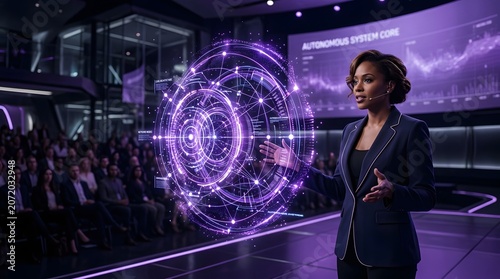 Futuristic female speaker presenting autonomous system core, holographic interface with purple glowing data visualization, high-tech corporate conference