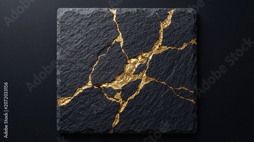 Black Slate Stone Tile With Gold Leaf Kintsugi Cracks On Dark Background