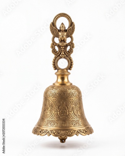 Ornate Brass Hindu Temple Bell With Garuda Handle Isolated On White