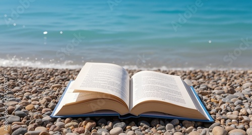 Reading in summer vacation, concept. Book on the pebble beach.
