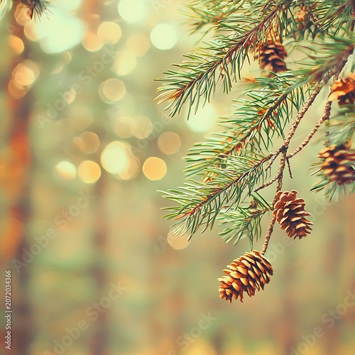 Close-up of a pine branch with pinecones hanging from it, with a soft, bokeh background of a forest