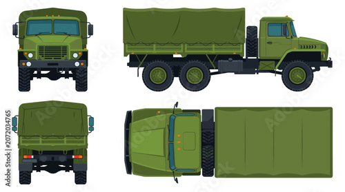 Military cargo truck transport vehicle with front side rear and top views vector illustration