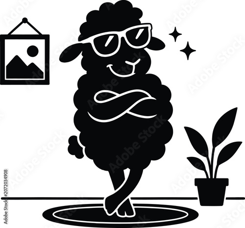Cool black sheep character wearing sunglasses standing in a modern room with a plant and wall art