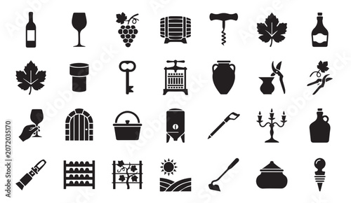 Foto Viticulture and winery production silhouettes icon set with viticulture