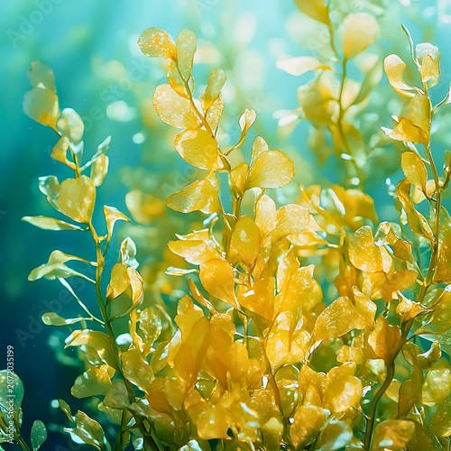 Underwater golden plant with bubbles and light