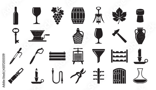 Bild auf Leinwand Collection of wine production icons with cellar tools and vineyard equipment