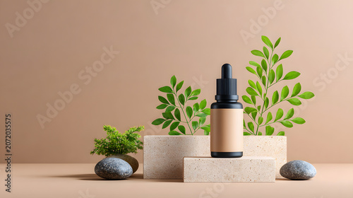 Amber serum bottle on creamy marble platform with green leaf branch, minimalist beauty product display, soft natural light, elegant spa composition