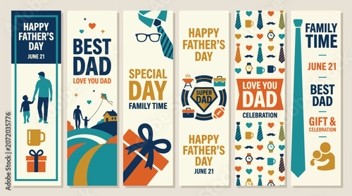 Father's Day vertical banner set, vintage retro greeting card collection for Best Dad, June 21 celebration posters with necktie and gift icons