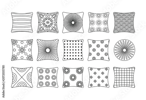 A collection of decorative throw pillows with various geometric and floral pattern in black and white line