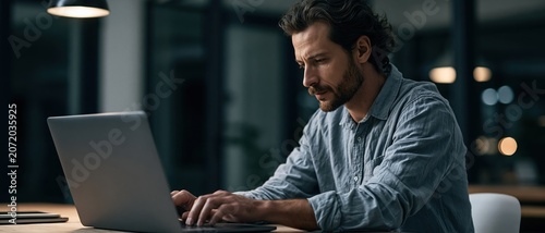 Driven professional immersed in deep focus, typing on a laptop under warm desk light in a moody afterhours office. Perfect for tech, productivity, entrepreneurship, and remote work.