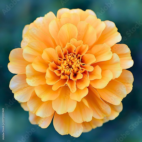 Close-up of a vibrant orange marigold flower in full bloom, its petals intricately layered with a soft, blurred green background