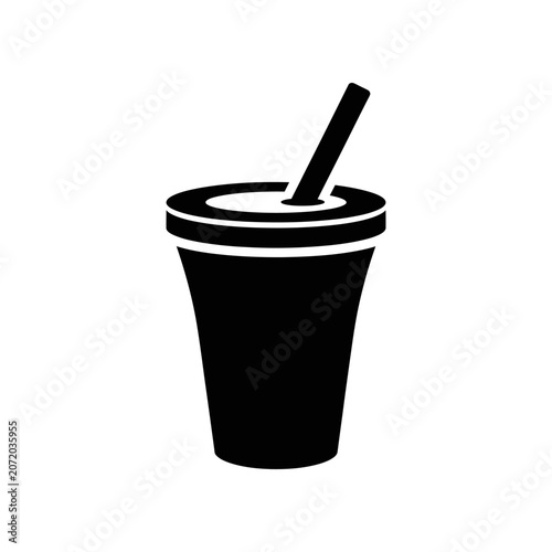 Empty black plastic cup with straw isolated on white background minimal design