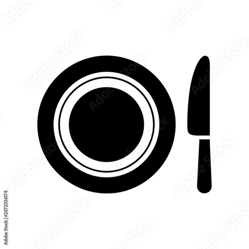 Black and white minimalist plate and fork top view design