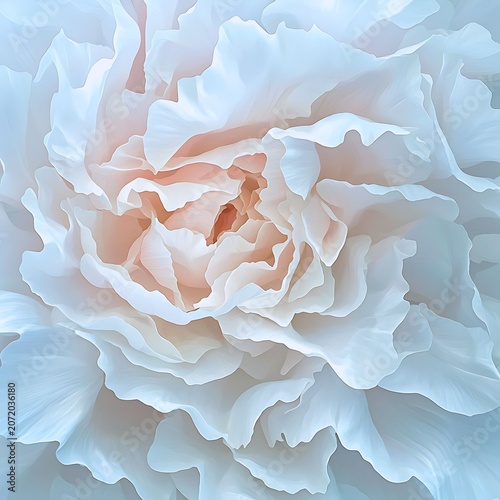 A close-up, macro view of a delicate white peony bloom, revealing its intricate layers of petals with soft pink undertones in the center
