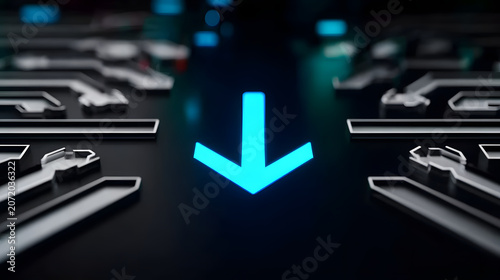 Automated decision flow with glowing blue downward arrow in dark digital interface abstract data process artificial intelligence system workflow analysis network technology direction symbol