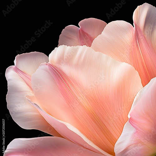 Close-up macro shot of delicate pink tulip petals, soft lighting, black background