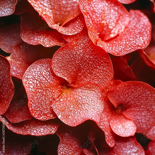 Macro shot of a cluster of red leaves with visible texture and water droplets, suggesting a natural, possibly autumn scene.