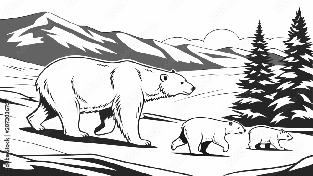 Obraz premium Polar bear mother and two cubs walking in arctic mountain landscape