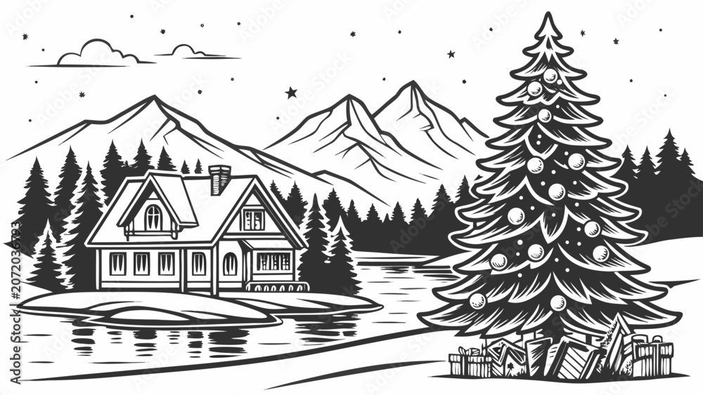 Obraz premium Mountain cabin by frozen lake with christmas tree mountain christmas peaceful