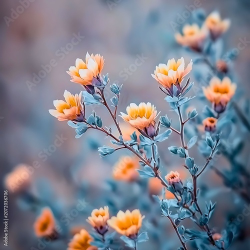 A delicate cluster of yellow chrysanthemums blooms on a branch, with a soft, dreamy background
