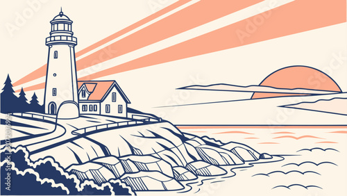 Lighthouse on rocky coastline at sunset illustration with lighthouse, nautical