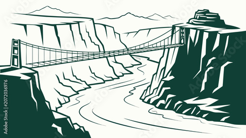 Foto Graphic illustration of suspension bridge over river canyon landscape