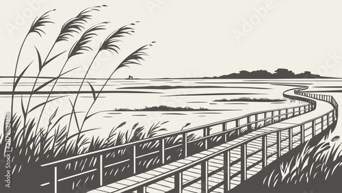 Graphic illustration of wooden boardwalk through a marshy coastal landscape