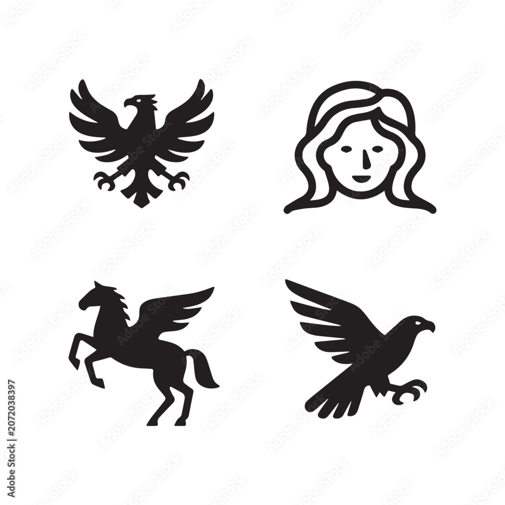 Fototapeta premium Mythological Heraldic Creatures And Woman Profile Black Vector Icon Silhouette Set.