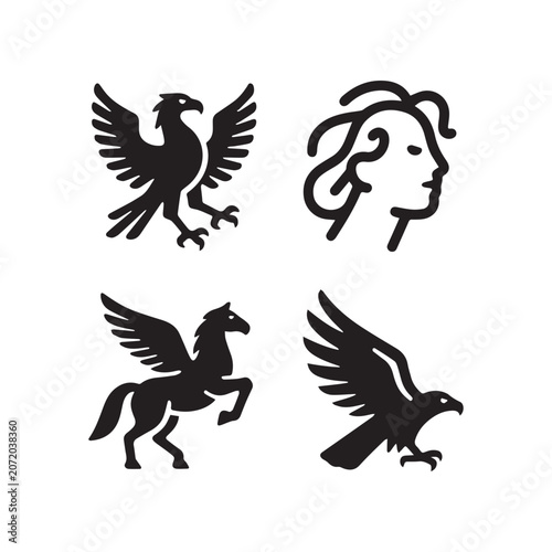 Mythological Heraldic Creatures And Woman Profile Black Vector Icon Silhouette Set.