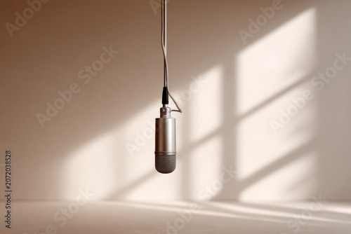 Suspended Condenser Microphone in Minimalist Studio with Aesthetic Window Shadows