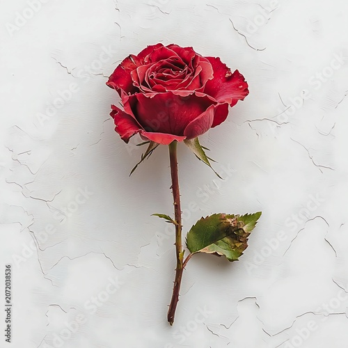 A single red rose with a green stem and leaves on a textured light gray background