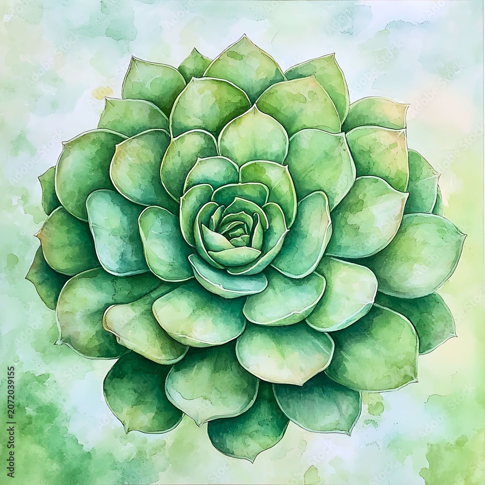 Obraz premium A beautiful watercolor painting of a vibrant green succulent plant with many layered petals, set against a soft, abstract green background