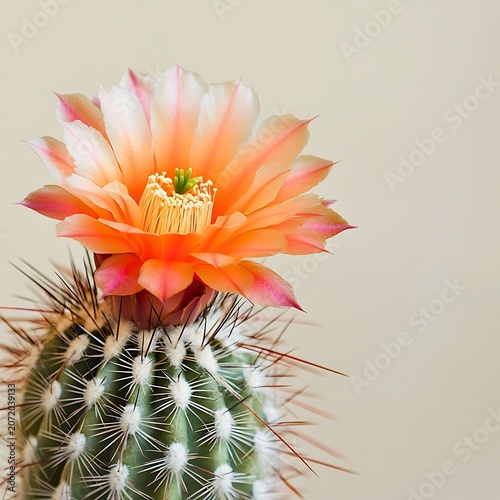 A beautiful orange and pink cactus flower blooms atop a spiky green cactus, set against a soft, neutral background