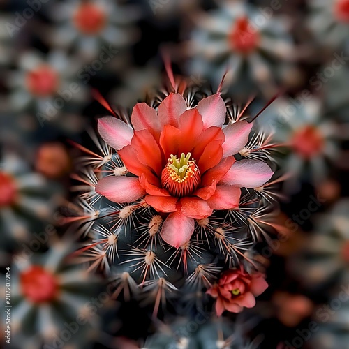 A close-up of a vibrant red cactus flower blooming amidst its thorny stem. The flower has delicate petals and a yellow center, set against a blurred background of other cacti