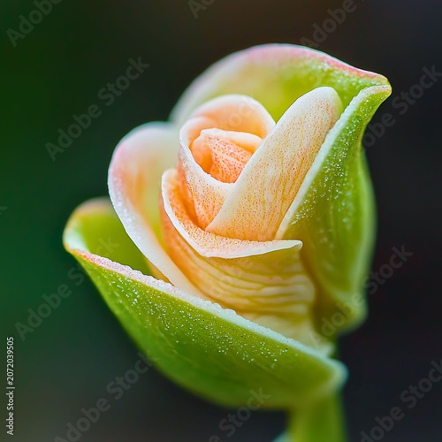 A close-up of a delicate flower bud unfurling, revealing soft peach-colored petals with hints of green on the outer leaves