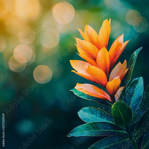 An orange flower blooming with water droplets on its petals, set against a soft, bokeh background. The sunlight creates a warm, ethereal glow around the blossom