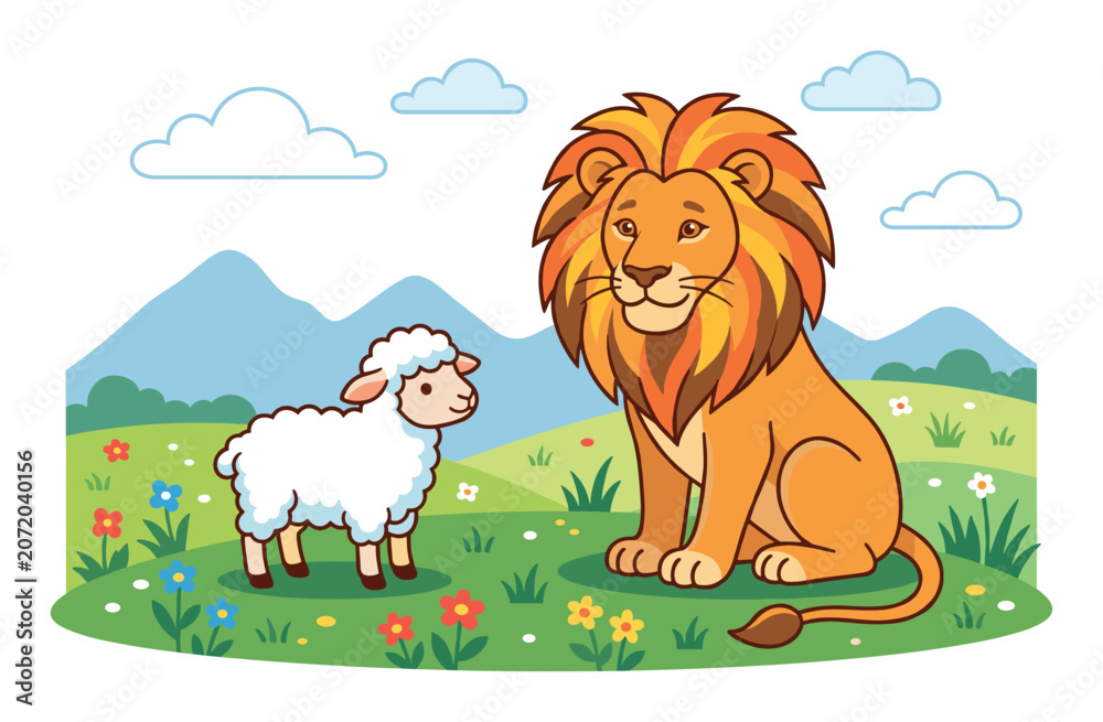 Obraz premium Lion befriending a small lamb, sharing a field of colorful flowers, symbolizing unity and partnership