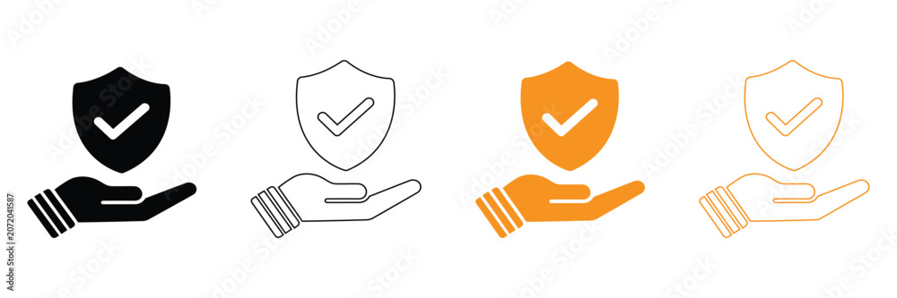 Fototapeta premium Protection icons with shield and hand on white background for security and safety concepts