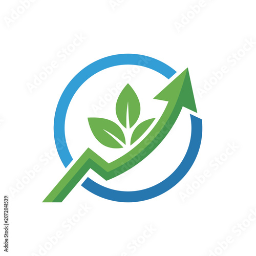 Rising green leaf arrow inside blue circular frame.