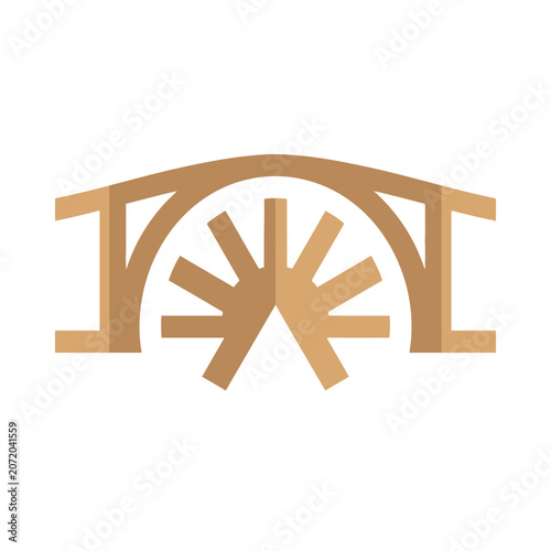 Tan bridge structure icon with sunburst detail.