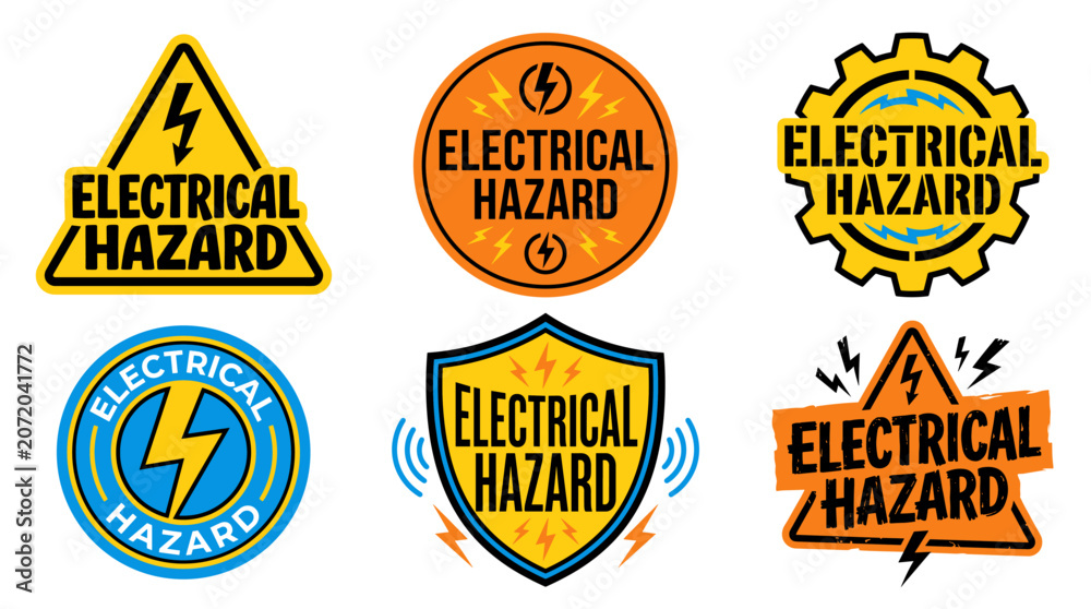 Fototapeta premium Collection of electrical hazard warning signs featuring lightning bolt symbols, indicating risk of electric shock, danger, and high voltage in industrial or construction areas