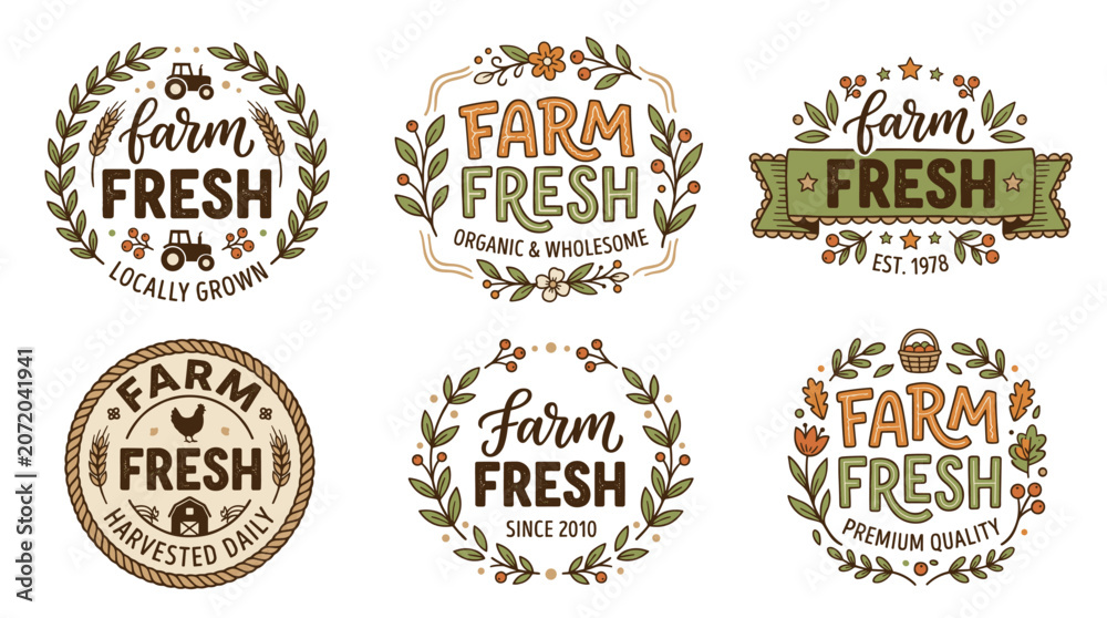 Fototapeta premium Farm fresh labels collection presenting organic, locally grown, wholesome, premium quality, and daily harvested produce concepts with natural elements and rustic typography
