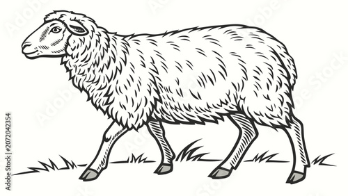 Foto Graphic illustration of a woolly sheep standing in profile with livestock